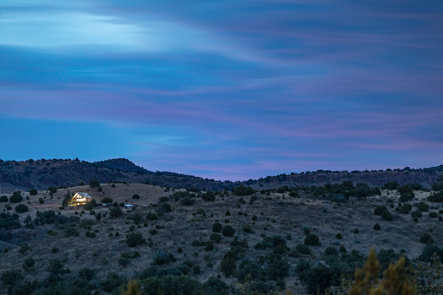 Cabin in the Davis Mountains at dusk